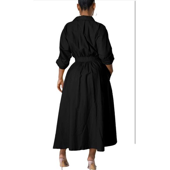 NEW Collar Neck High Waist Flared Button Down Maxi Shirt Dress XL - Picture 2 of 7